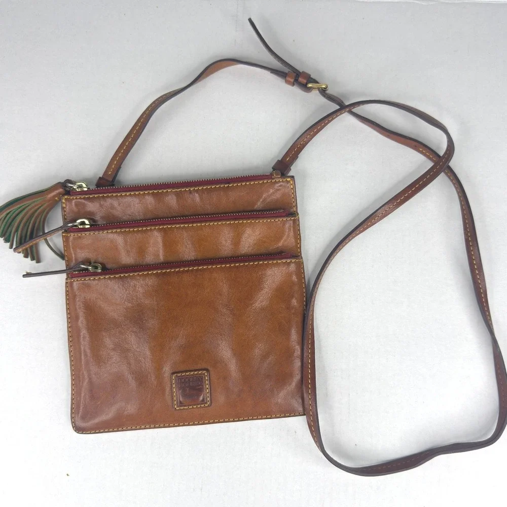 Dooney & Bourke Florentine Leather Triple Zip Crossbody Bag Tan Tassel Messenger